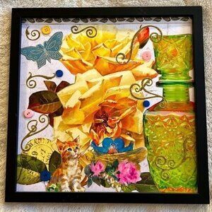 Green Glass Cat Birds & Floral Framed Picture Handmade Collage OOAK Wall Art